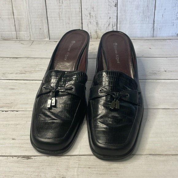 Etienne Aigner Black Reptile Embossed Leather Tassel Block Heel Mule - Picture 3 of 9